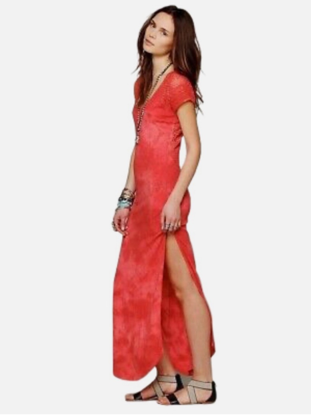 Free People Strawberry Maxi Dress Knit Lace Crochet Back  Coral Pink M